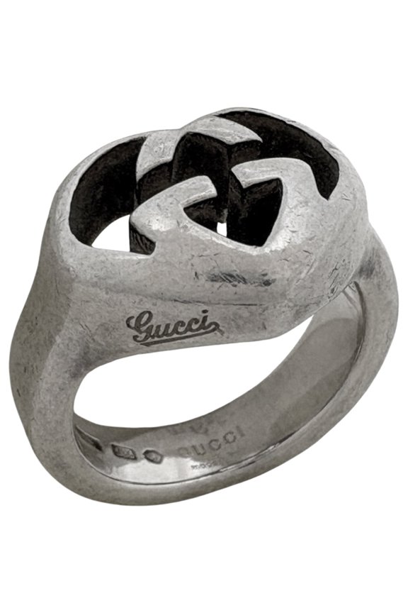Pre-Owned Gucci GG logo ring with interlocking G and heart design in 925 silver for women.