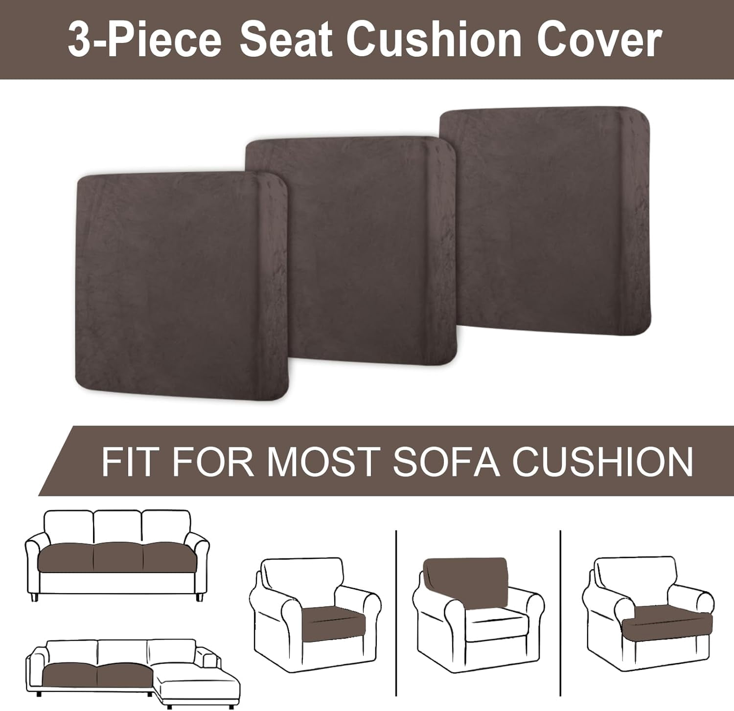 Couch Covers, 3 Pieces Couch Cushion Cover Velvet, Seat Cushion Cover, Stretch Sofa Covers, Separate Sectional Sofa Slipcovers, Furniture Protector(3-Seater or Backrest, Coffee)