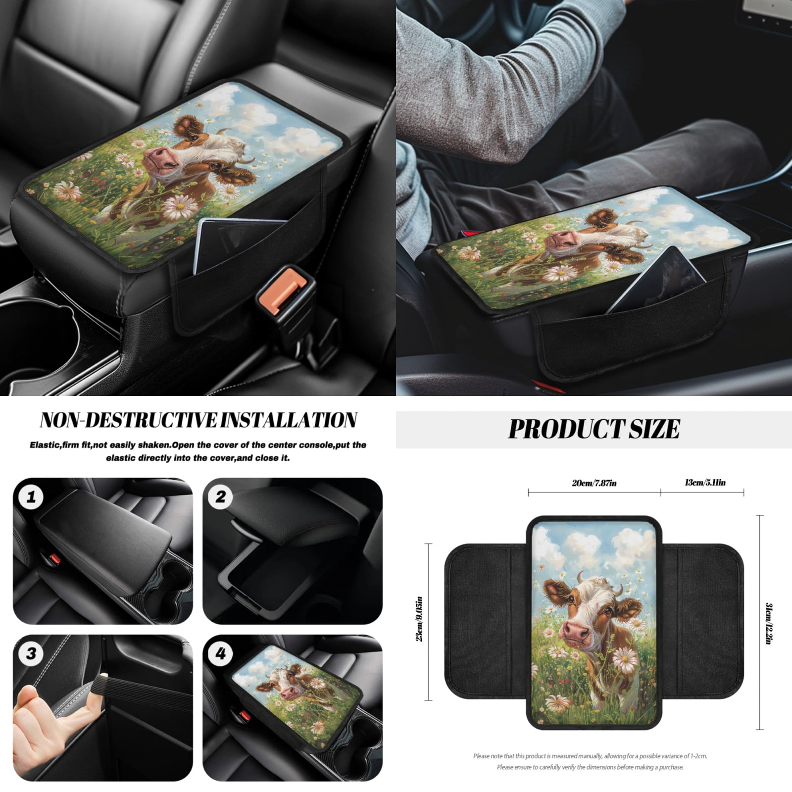 Jeiento Cow 14 PCS Car Seat Covers Set with Steering Wheel Cover Seat Belt Pads Garbage Bag Armrest Seat Box Cover Handbrake Cover Set Rear View Mirror Protector Coasters Interior Auto Accessory