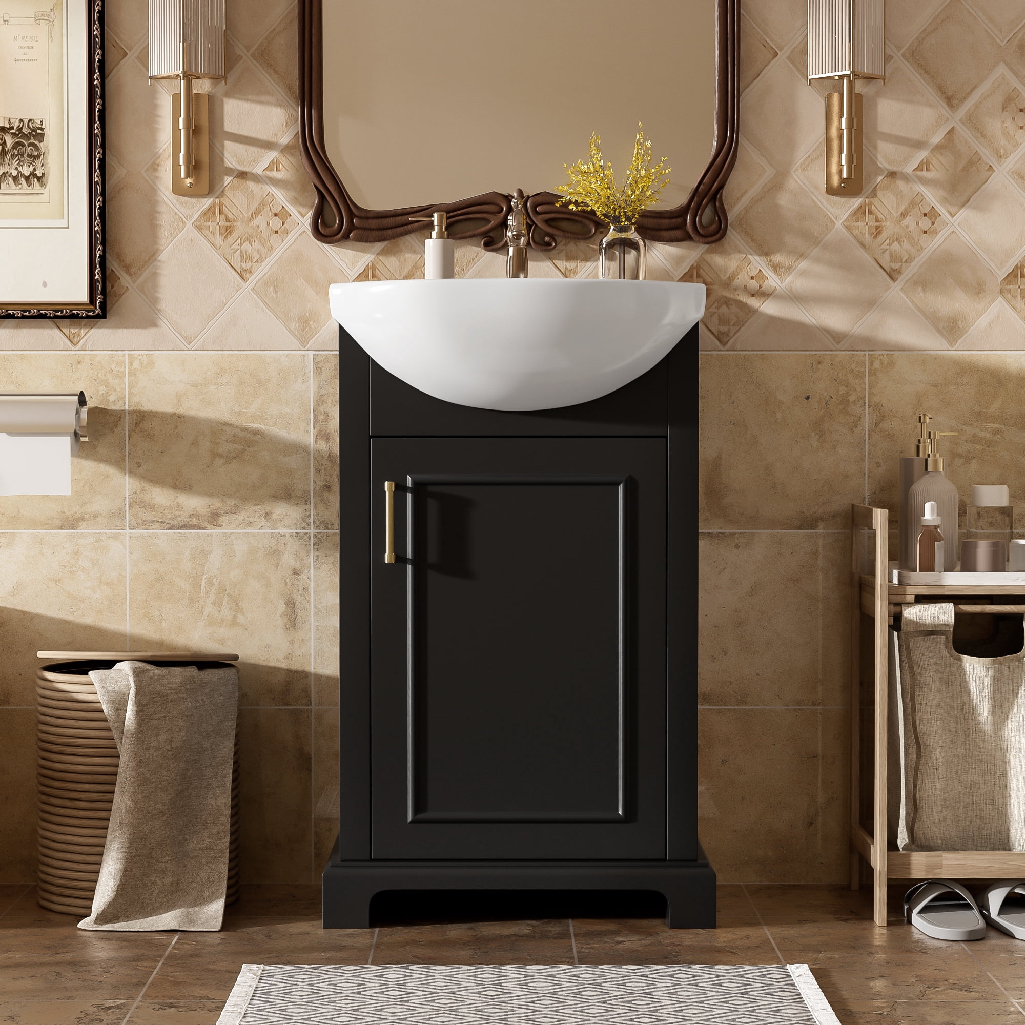 GARITIN Bathroom Vanity 20 Inch, Freestanding Single Vanity Set with Ceramic Sink and Soft Closing Door for Small Bathroom, Black
