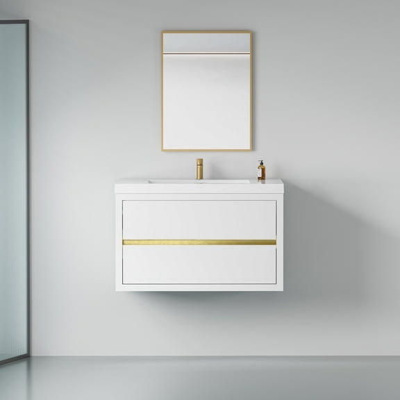 BARONAGE 36" Wall-Mounted Bathroom Vanity with Sink, Floating Bathroom Storage Cabinet with Stone Resin Countertop and Soft Close Drawers, Glossy White