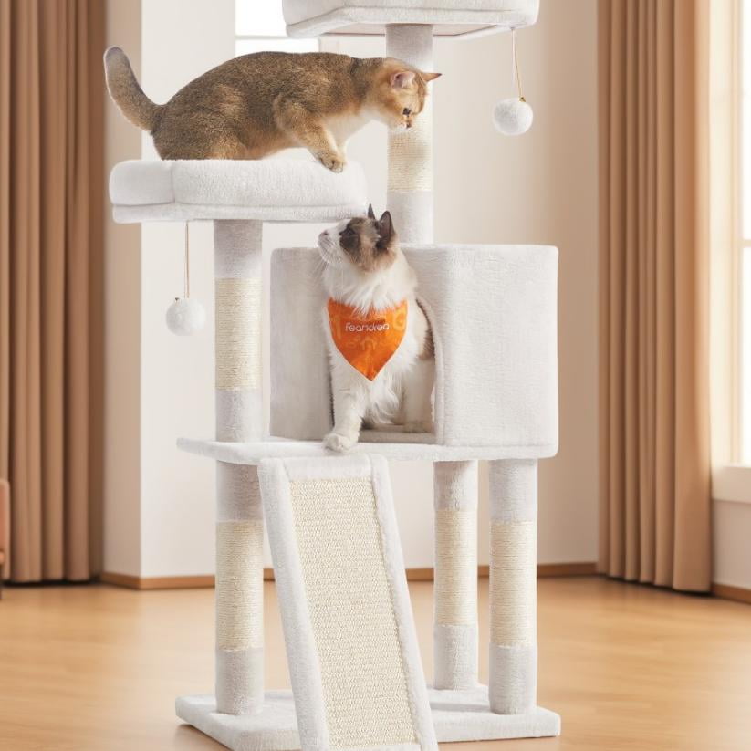 LEDREM Cat Tower, 45.3-Inch Indoor Cat Tree with Scratching Ramp, Perches, Spacious Cat Cave, Multi-Level Condo for Kittens, Adult Cats, Cream White