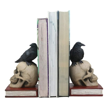 Ebros Edgar Allan Poe Harbinger of Doom and Bad Omens Raven Crow Perching On Skull with Ancient Book Pair of Bookends Statue 7.5
