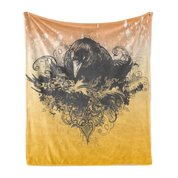 Black Soft Flannel Fleece Blanket, Halloween Theme Vector Illustration of a Wicked Crow and Ornate Flowers Print, Cozy Plush for Indoor and Outdoor Use, 60" x 80", Black and Mustard, by Ambesonne