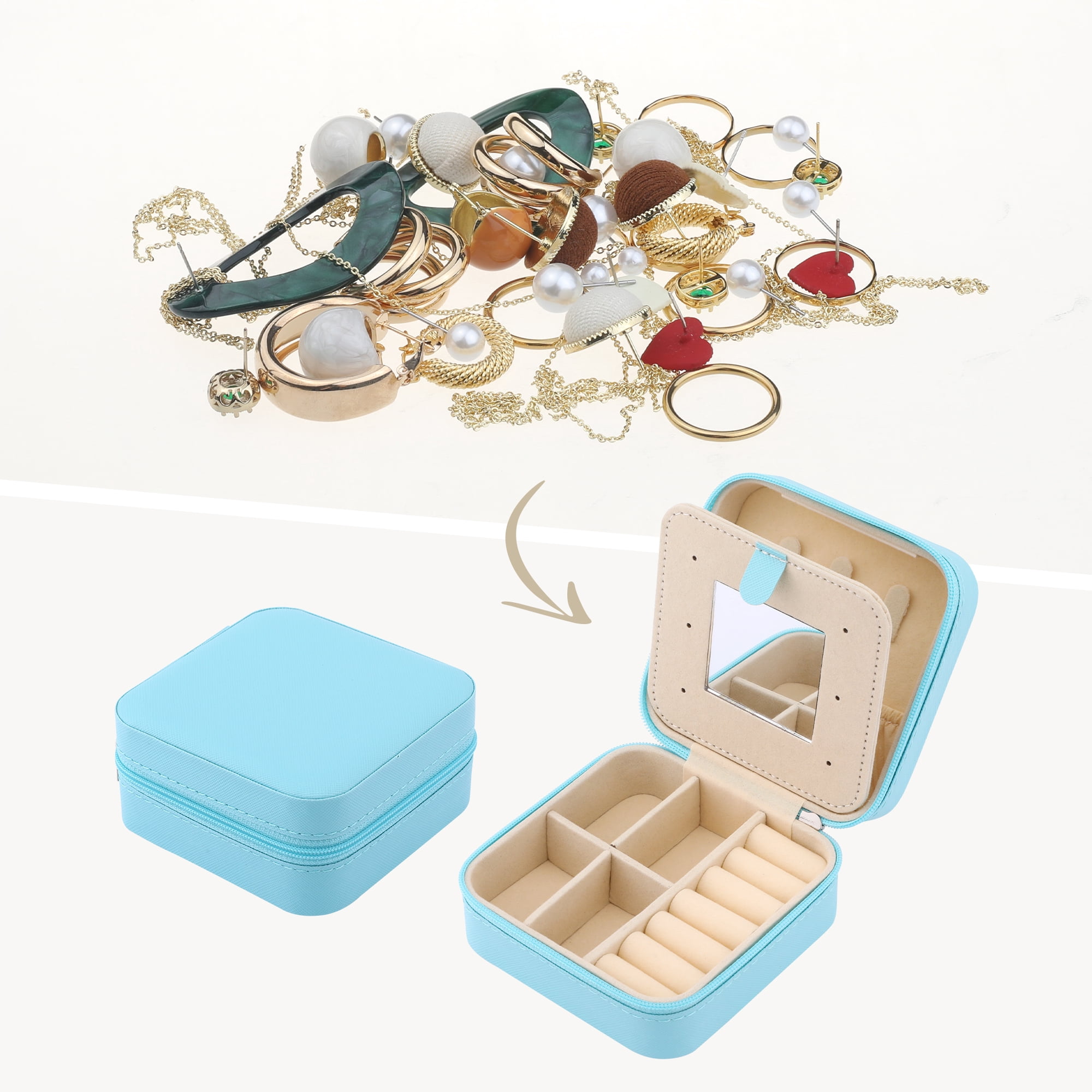 Unique Bargains Mini Travel Jewelry Box with Mirror Sky Blue