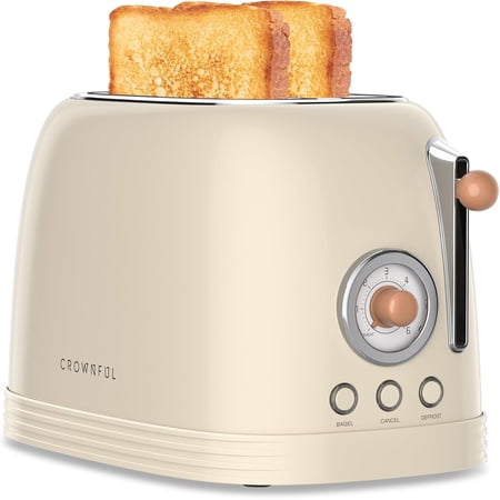 CROWNFUL 2-Slice Toaster with Extra Wide Slots, Retro Stainless Steel, 6-Shade Settings, Removal Crumb Tray,Cream
