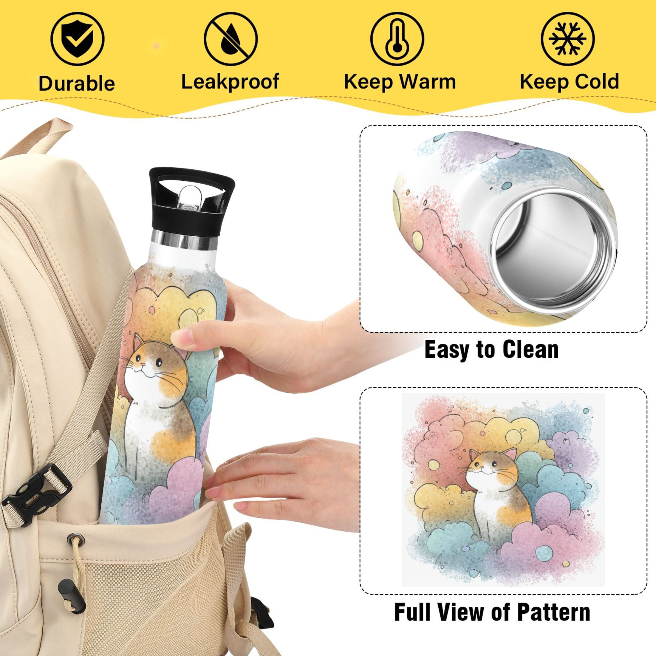 Kids Insulated Stainless Steel Sports Water Bottle 600ml (20oz) Cat and Colorful Clouds