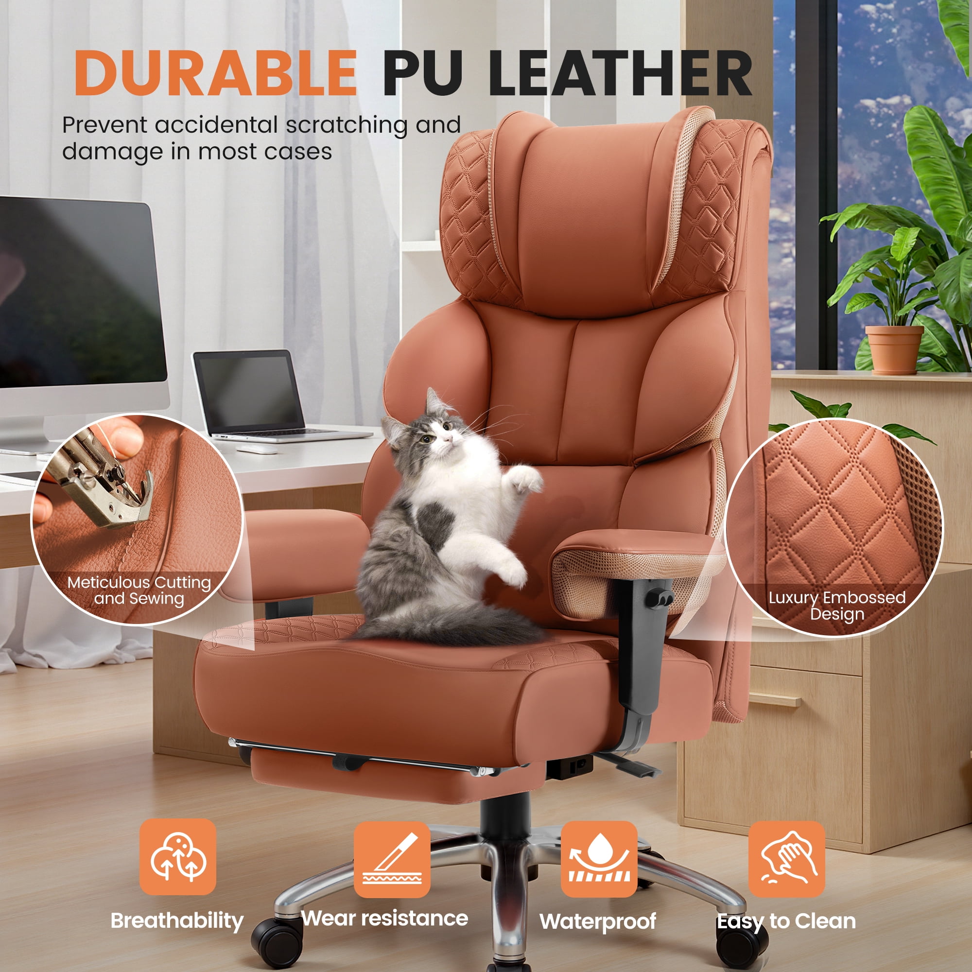 CoolHut Big and Tall Office Chair 400LBS, Adjustable Headrest Ergonomic Computer Desk Chair, Executive Leather Chair with Adjustable Armrest, High Back Office Chair Havy Duty Design, Brown