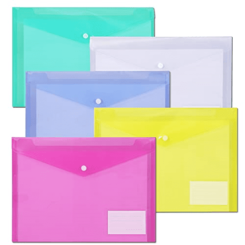 10 Pack 1-1/4 Inch Expansion Assorted Colors A4 Clear Plastic Envelopes Poly Envelopes Side Loading File Document Folders with String Tie Closure