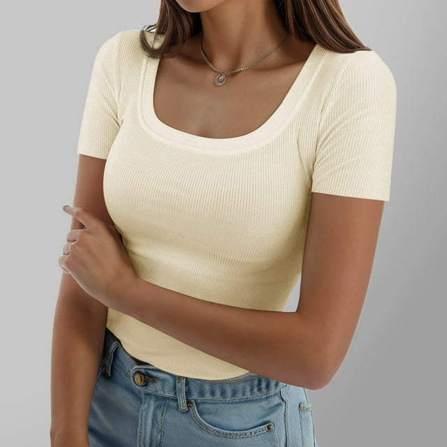 WILLBEST T-Shirt Canada pour Femmes Été Manches Courtes Col Carré Côtelé Ajusté Décontracté