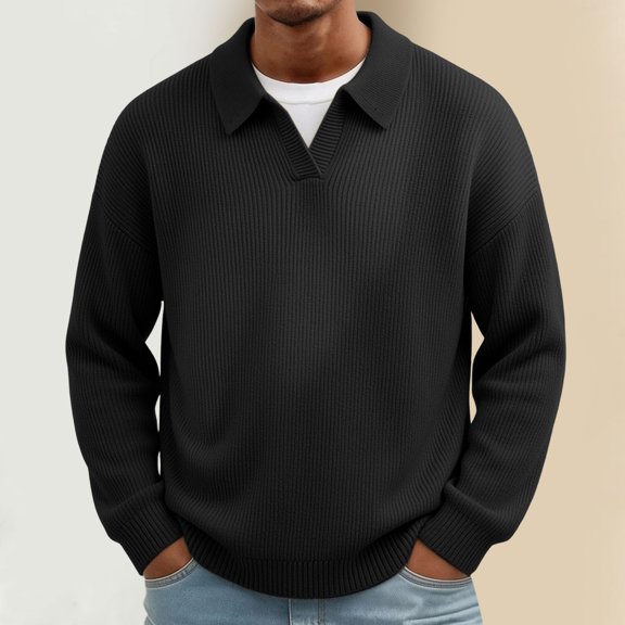 LYSMORA Men's Collared V Notch Ribbed Knit Sweater Long Sleeve Pullover Top for Daily Commute City Stroll Weekend Casual Outing