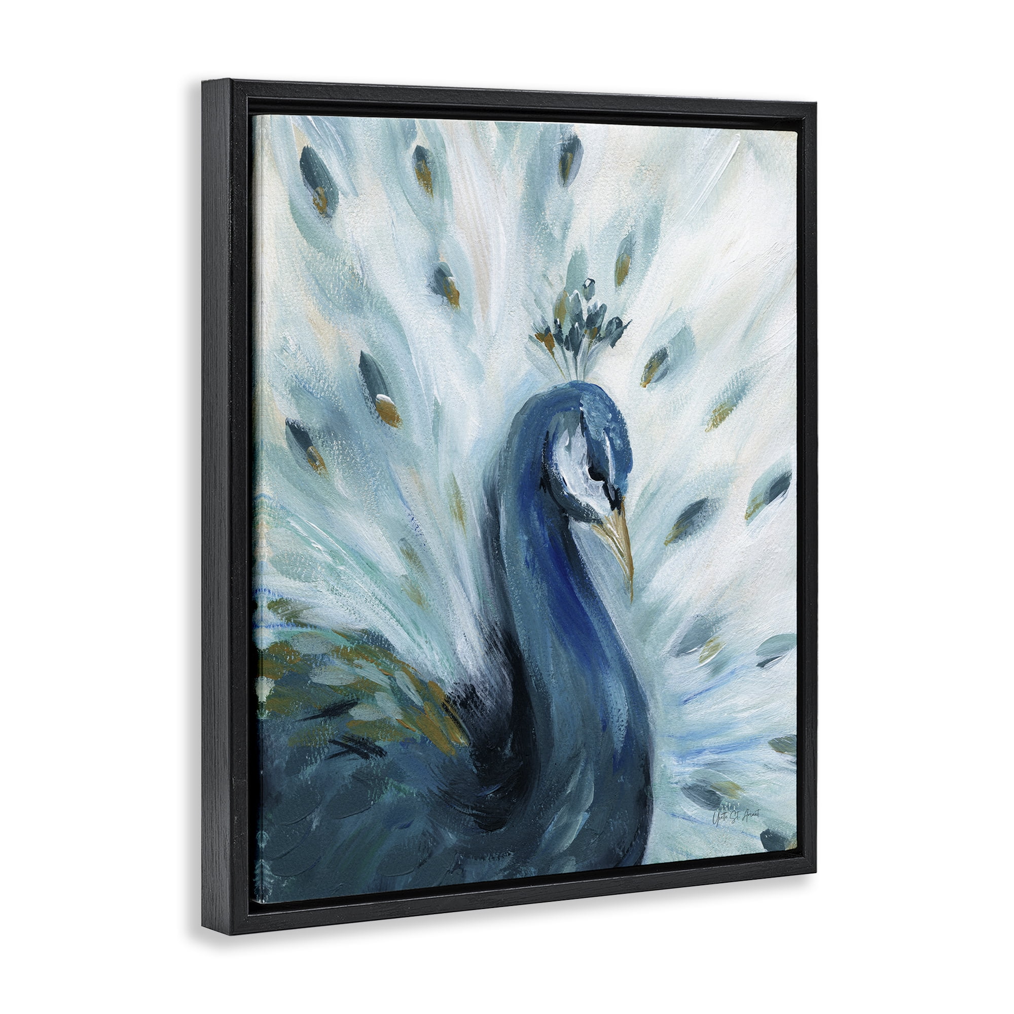 Stupell Industries Elegant Peacock Painting Animals & Insects Painting Black Floater Framed Canvas Art Print Wall Art, 17 x 21