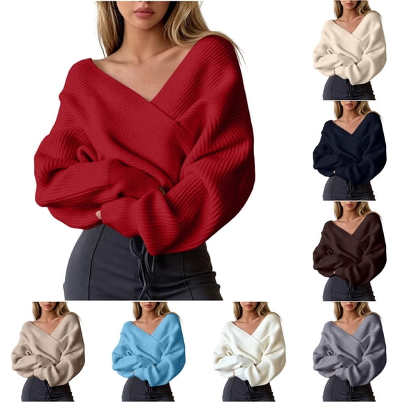 Cmfcve Wrap V Neck Sweater for Women Casual Long Sleeve Off The Shoulder Pullover Knit Jumper