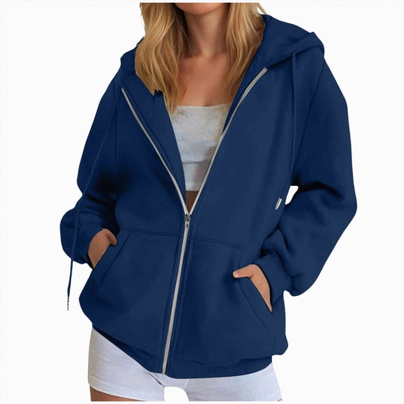 KPOPLK Women's Zip Up Hoodies Long Sleeve Fall Jacket Casual Oversized Tunic Hooded Sweatshirt With Pockets Winter Coats(XXXL,Navy)