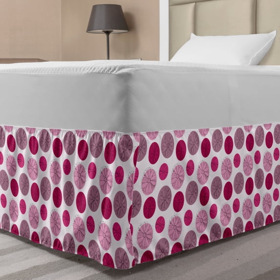 Floral Bed Skirt, Hand Drawn Flower Sketches over Colorful Dots Art, Elastic Bedskirt Dust Ruffle Wrap Around for Bedding Decor, 4 Sizes, Magenta Multicolor, by Ambesonne