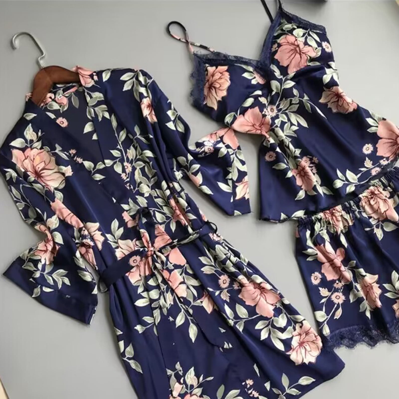 BONIXOOM Christmas Pajamas For Women Thanksgiving Pajamas Loungewear Belt Short Sleeve Sleepwear Sets Solid Blue L