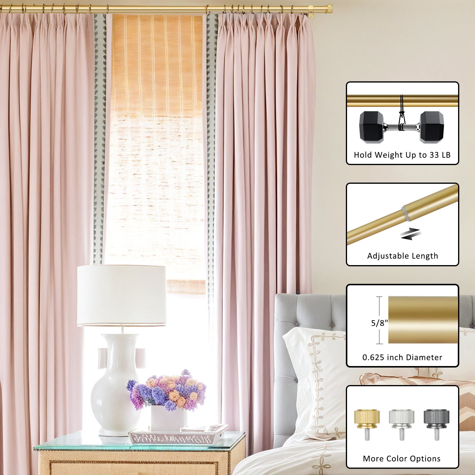 Ridicili 5/8 Inch Adjustable Double Drapery Curtain Rod Set with Vertical Cylinder Finials, 5/8 Inch Front and 1/2 Inch Back Double Window Drapery Rod, 28"-48", Matte Gold