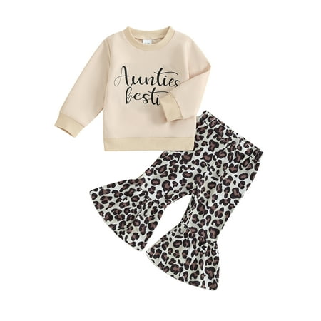 

Qtinghua Infant Toddler Baby Girls Spring Fall Outfits Letter Print Long Sleeve Sweatshirts Leopard Print Flare Pants Clothes Khaki A 18-24 Months