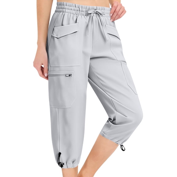 HKYNLAG Women's Cargo Capri Pants Lightweight Quick Dry Jogger Pants Hiking Travel Summer Pants for Outdoor with Pockets Light Gray M