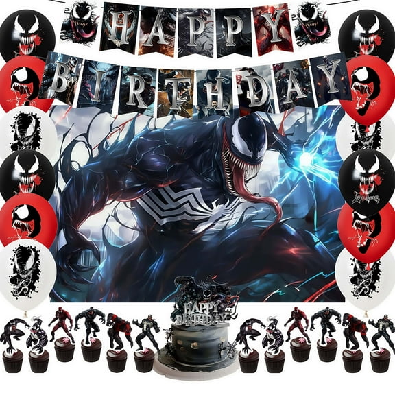 Venom theme party supplies, birthday decoration set including banner, backdrop, balloons, cake cupcake decorations, suitable for boys and girls Venom theme party