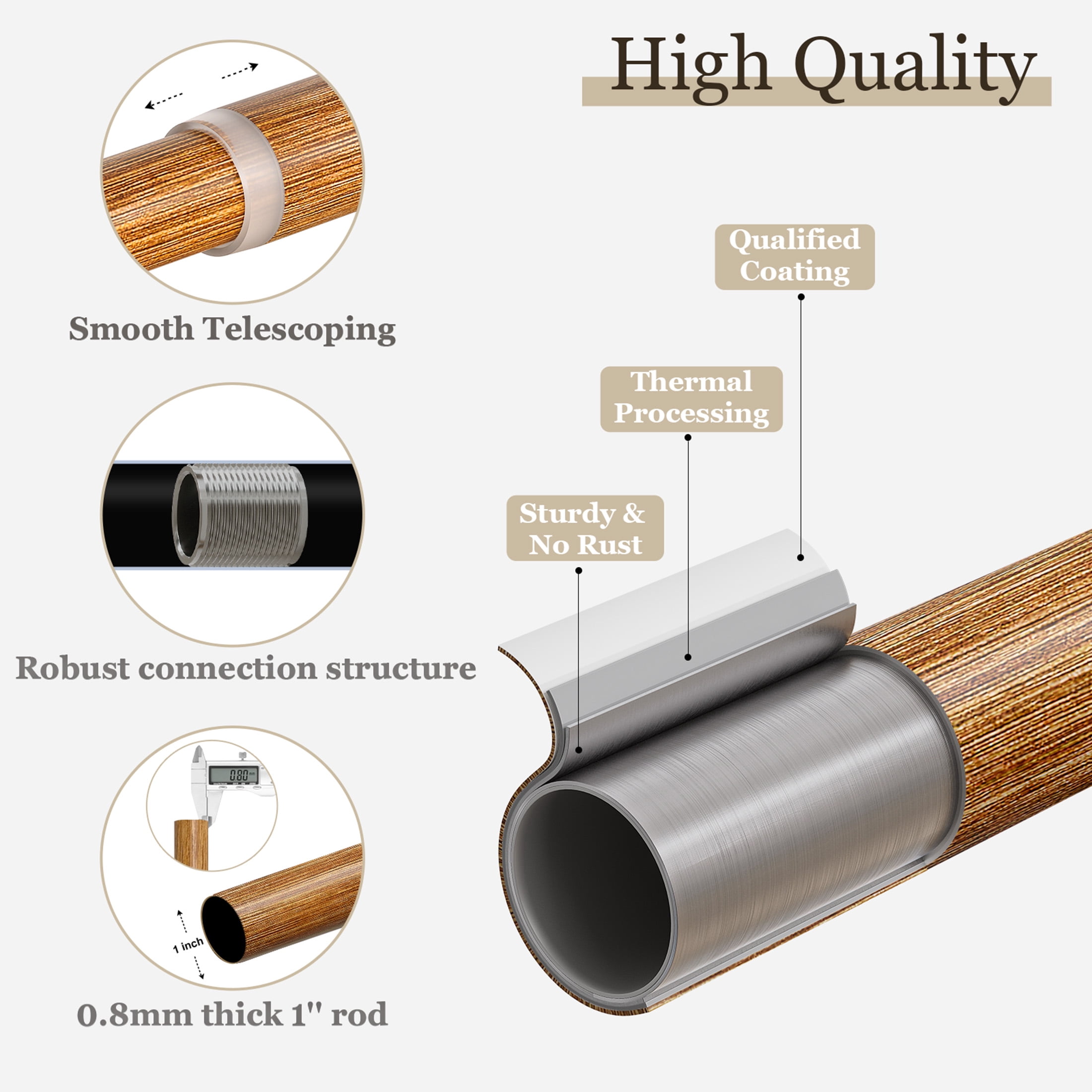 Yokila Traditional Brown Curtain Rods for Windows 36 to 150 Inches Adjustable Length Heavy Duty 1" Diameter Single Window Curtain Rod with Decorative Finials for Kitchen Living Room Bedroom