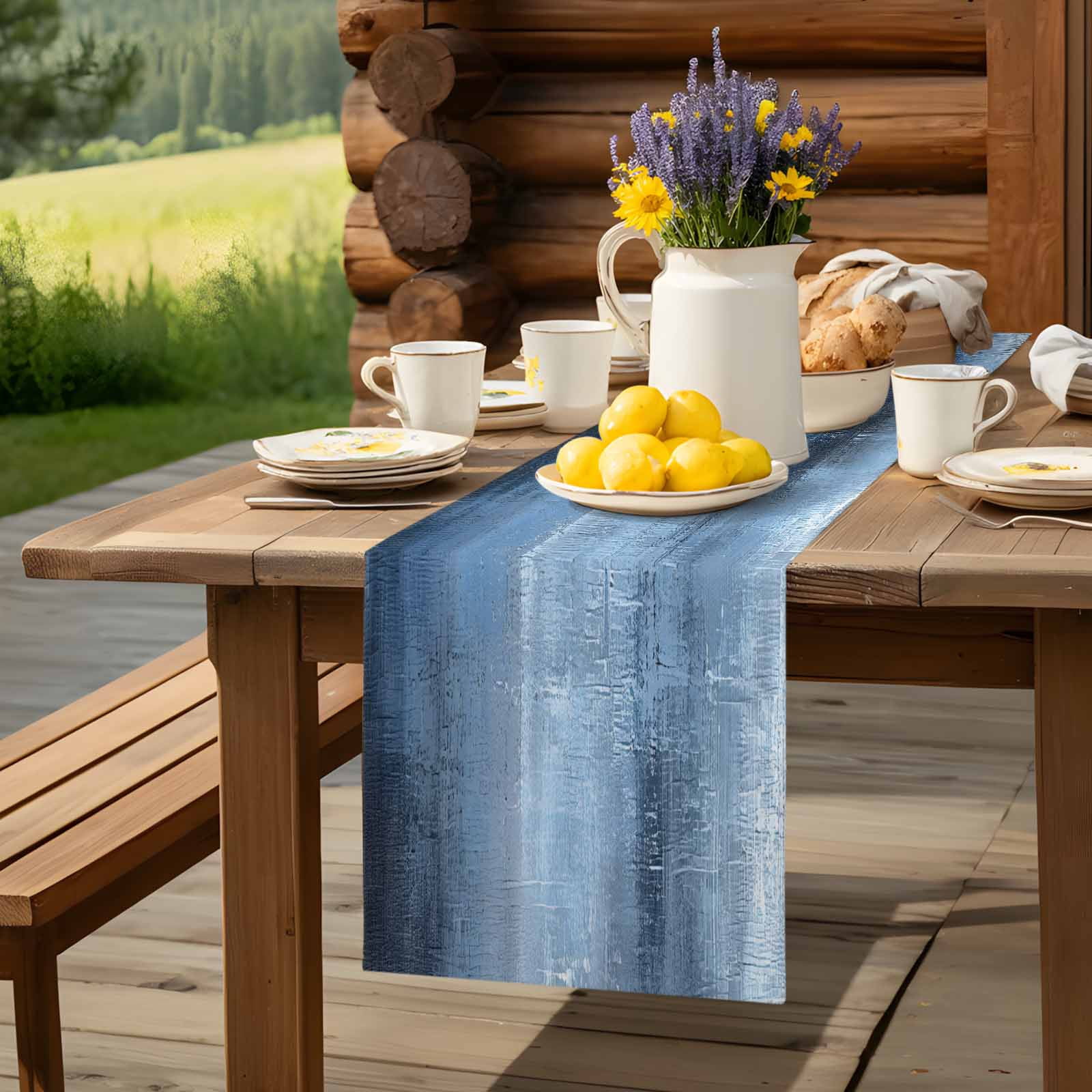 Abstract Blue Grey Oil Painting Table Runner 90 Inches Long, Retro Watercolour Ombre Art Table Runners Tabletop Scarf Kitchen Dining Tables Decoration for Home Party Indoor Outdoor