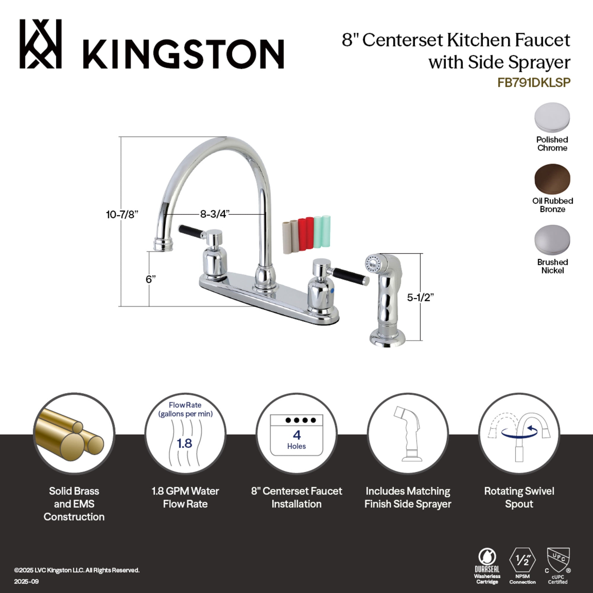 Kingston FB798DKLSP Kaiser Two-Handle 4-Hole 8" Centerset Kitchen Faucet with Side Sprayer in Brushed Nickel