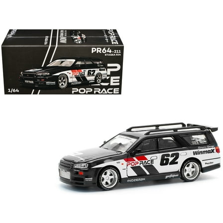 GT-R Stagea RHD (Right Hand Drive) #62 "Simon's Garage" Black with White Sides 1/64 Diecast Model Car by Pop Race