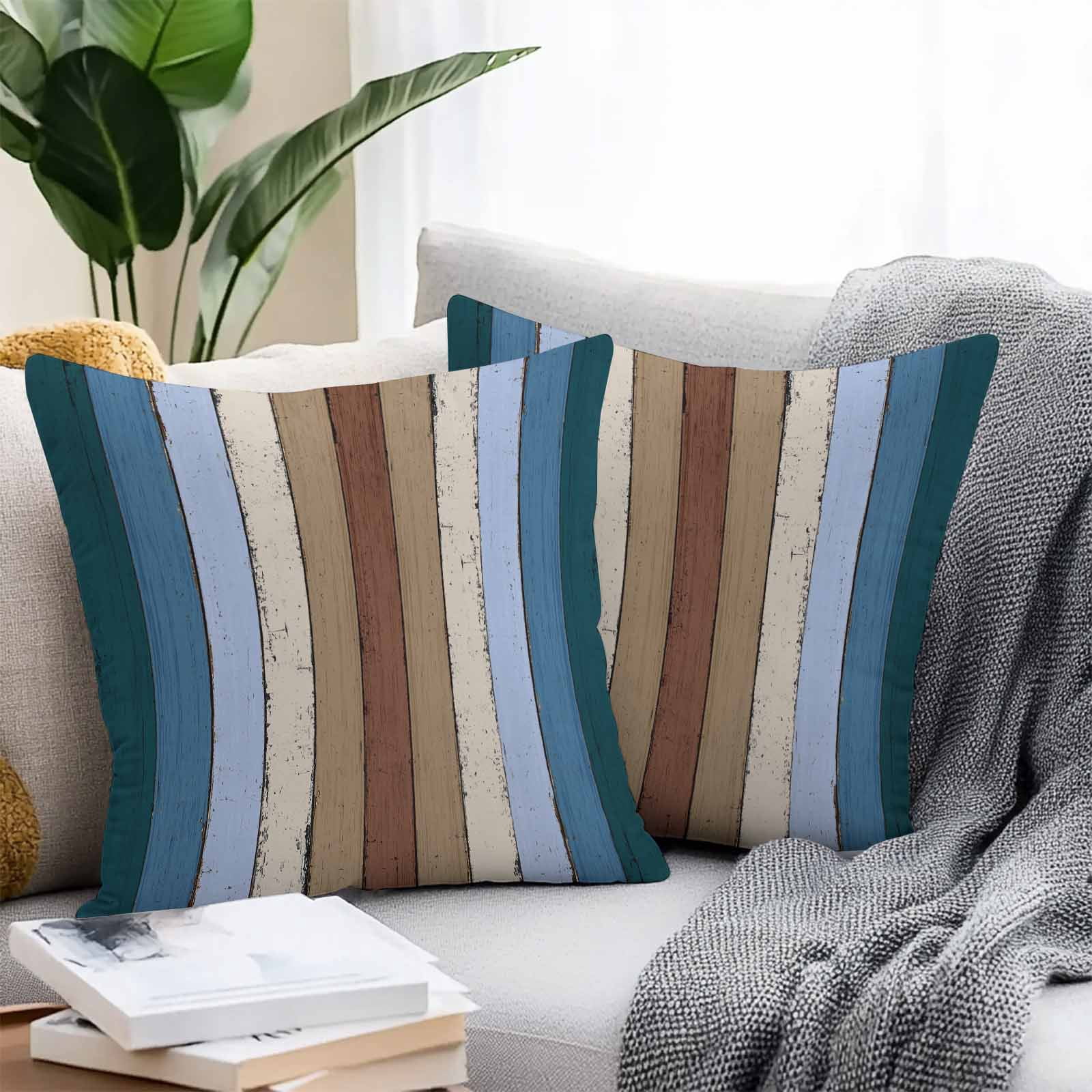 Outdoor Waterproof Throw Pillow Covers Set of 2 Blue Brown Wood Grain Decorative Pillowcases Outdoor Pillows Cushion Case 16x16 Inch Rustic Wooden Plank Patio Pillows for Couch Sofa Bed Garden