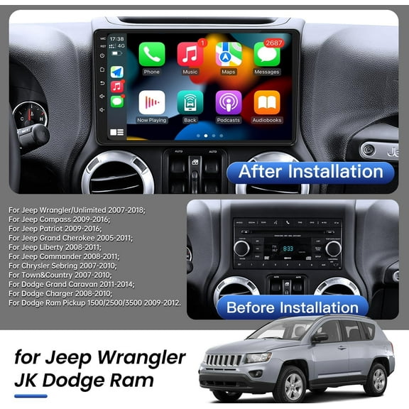 Upgraded 10" Car Radio Stereo for Jeep Wrangler JK 2007-2018 / for Dodge Ram 1500 2500 3500 Grand Cherokee, CarPlay/Android Auto/Android 13/4G 64G/GPS Navigation/Backup Camera