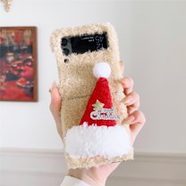 Allytech Christmas Phone Cover for Galaxy Z Flip 4, Warm Plush Furry Fuzzy Merry Christmas Hat Back Slim Cute Winter Shockproof Case Cover for Samsung Galaxy Z Flip 4 5G for Kids Girls Women, Beige