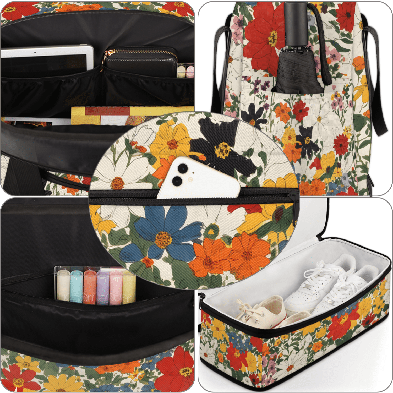 Herdesigns Boho Floral Foldable Travel Duffle Bag for Women and Men Lightweight Carry On Overnight Bag Watercolor Wild Flowers Gym Luggage Weekender Bags with Shoe Compartment