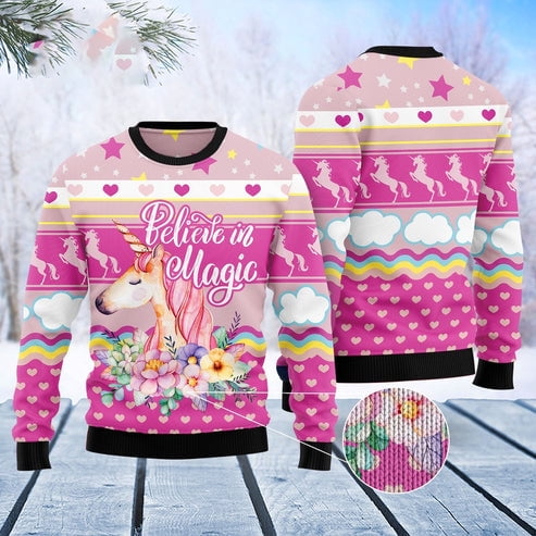 Unicorn Believe In Magic 3D Christmas Sweater, Funny Xmas Sweater, Sweater Xmas