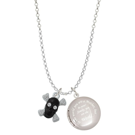 Delight Jewelry Silvertone Small Black Resin Skull with Clear Crystals To the World You are a Mother Locket Necklace