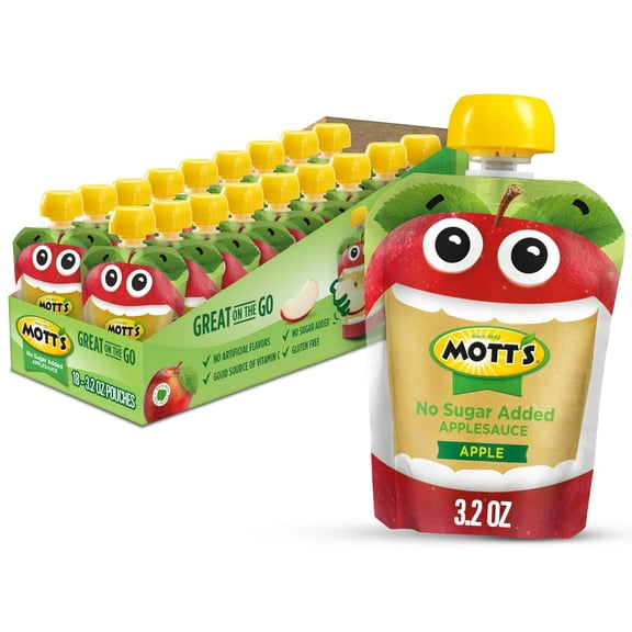 Mott's No Sugar Added Applesauce, 3.2 oz clear pouches, 18 pack