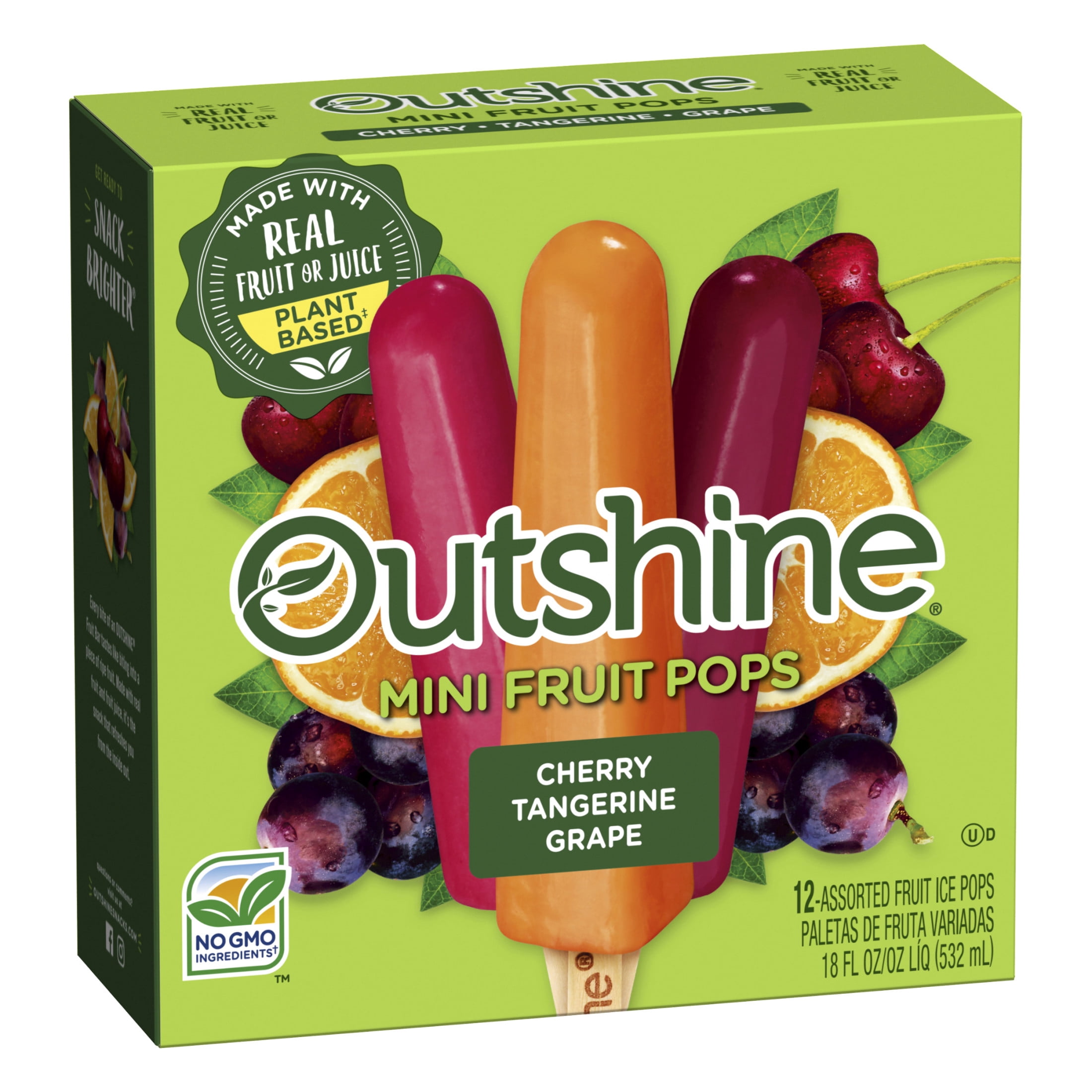 Outshine Cherry, Tangerine, and Grape Frozen Mini Fruit Pops,Variety Pack, Non-GMO, 12 Count