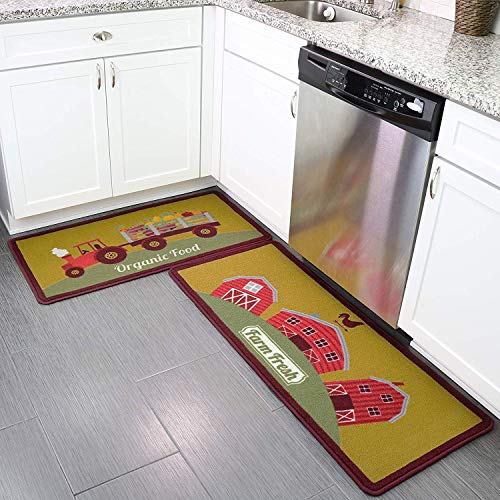 Kitchen Rug Set of 2 with Fashionable Farm House Design. Thicker Loop
