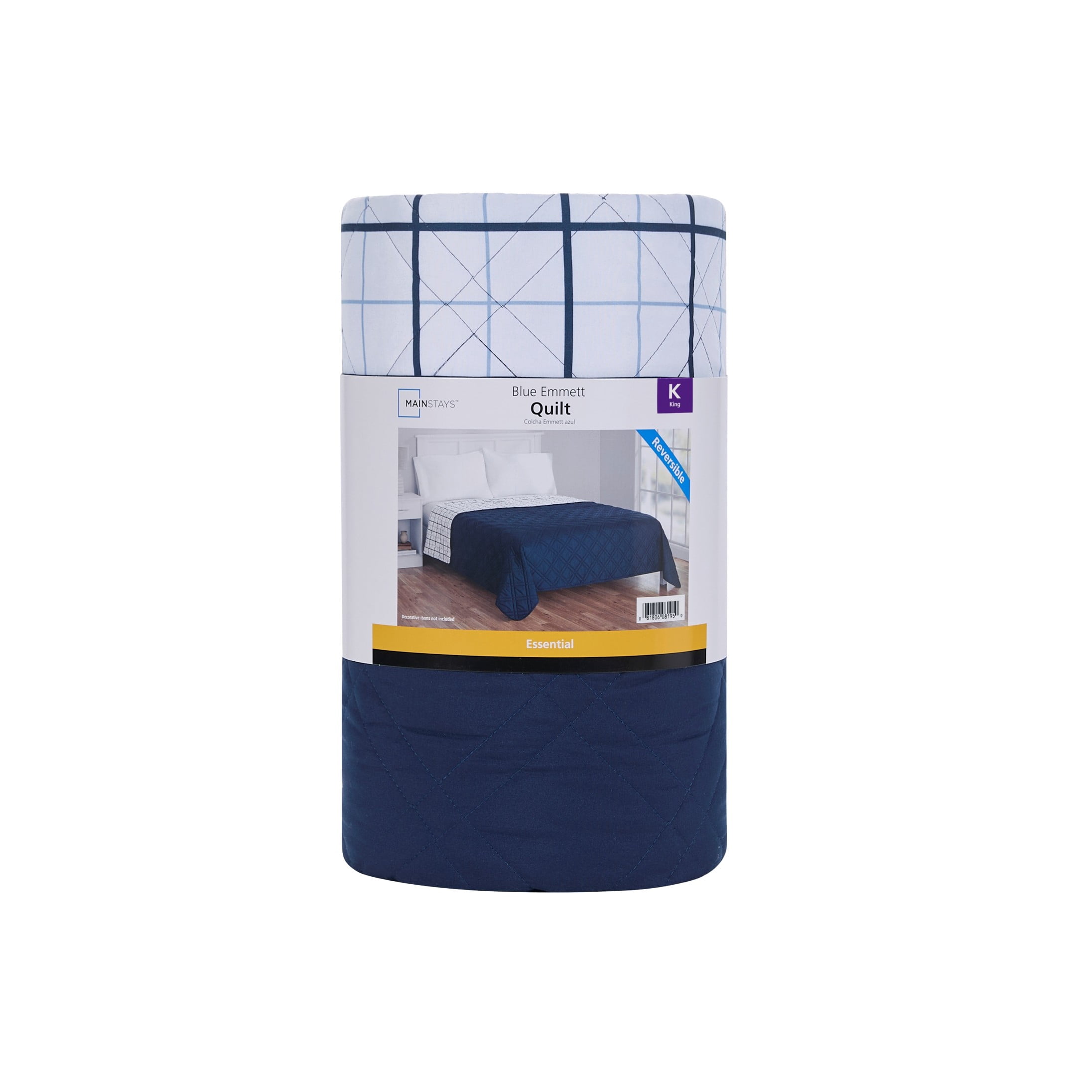 Mainstays Quilts Blue Plaid 100% Polyester Quilted, King - Reversible
