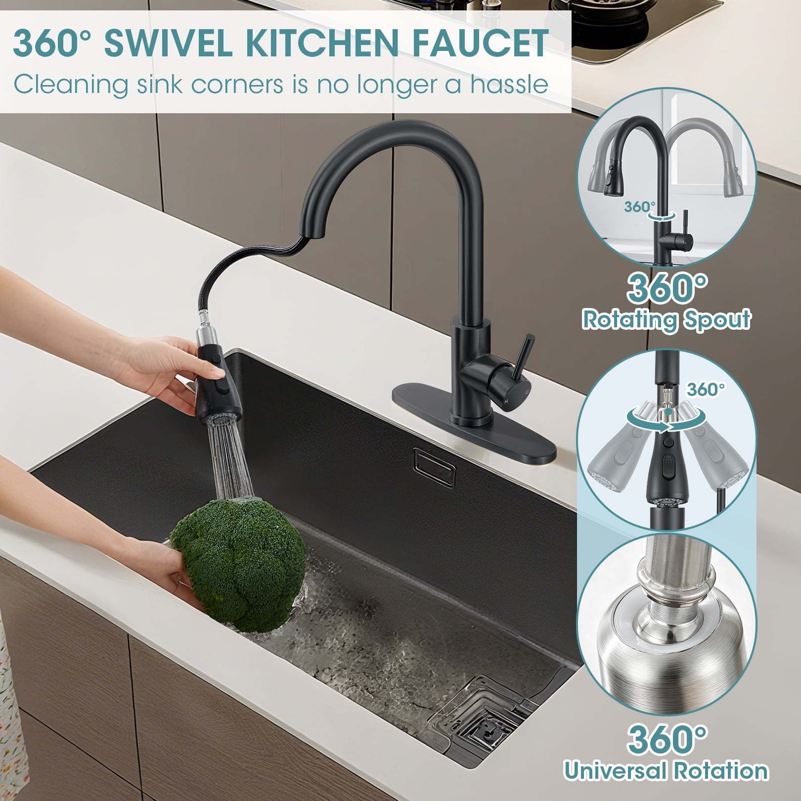 Wowkk Sanitary Ware Kitchen Sink Faucet with Pull Down Sprayer, Single Handle SUS304 Stainless Steel Kitchen Faucets with Deck Plate to Cover 1 or 3 Holes for Bar, Laundry, Matte Black
