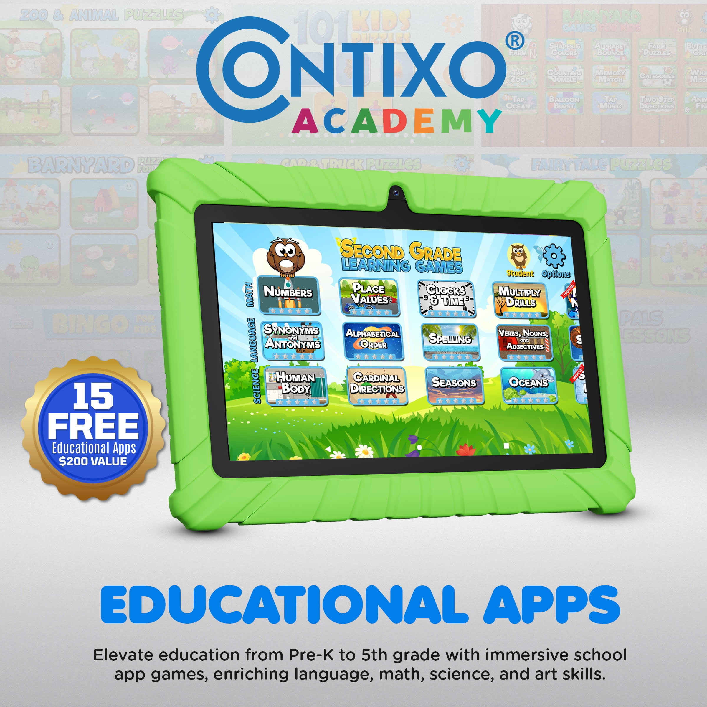 (2 pack) Contixo Kids Tablets Bundle, 7-Inch Educational Android Tablet and Wired Headphones for Kids Ages 3-7, Green