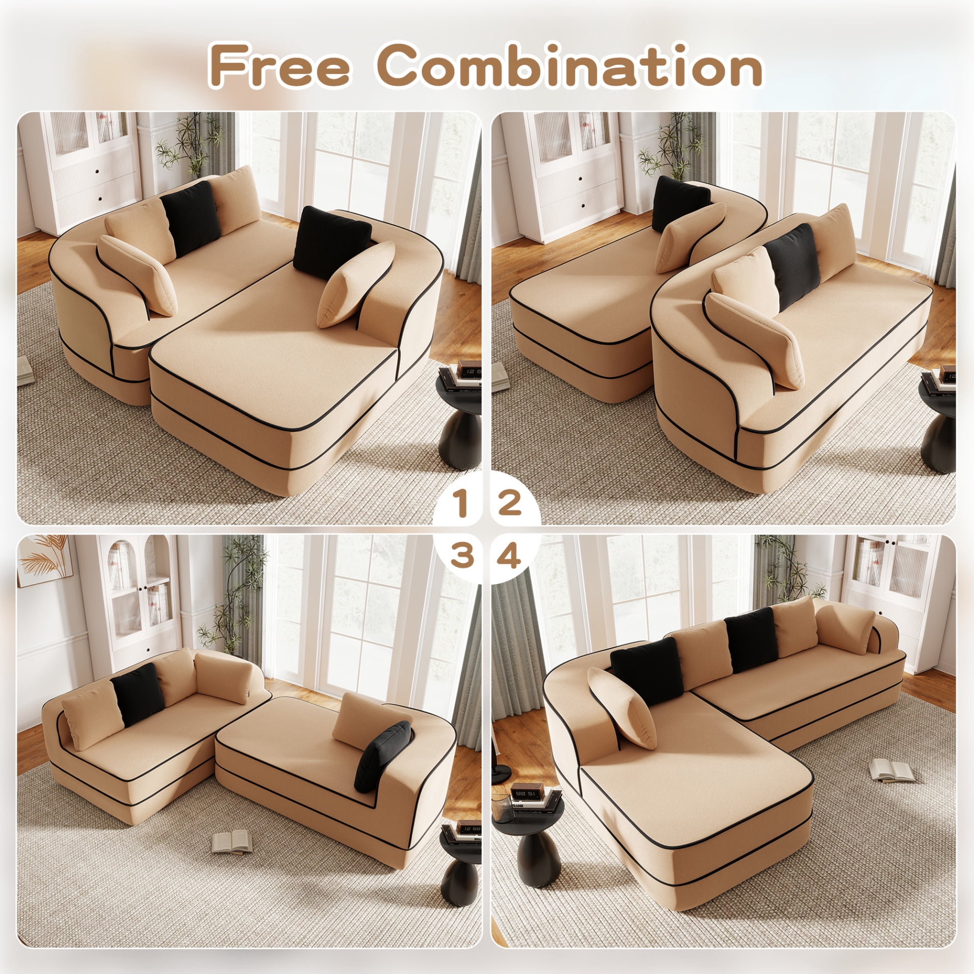 106" Teddy Fabric 32D Boneless Sofa,Modular Sectional Sofa with Curved Armrest,Contrast Color Design with Pillow,Fluffy Comfy Couch with L Shaped Chaise,for Living Room,No Assembly Required,Camel