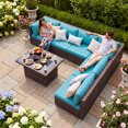 thumbnail image 3 of RADIATA 7-Piece Patio Furniture Set with Fire Pit Table, Outdoor Sectional with Fire Pit Table, Patio Couch Set with Fire Pit Table, Patio Furniture Set Outdoor Sectionals,Espresso/Aqua, 3 of 10