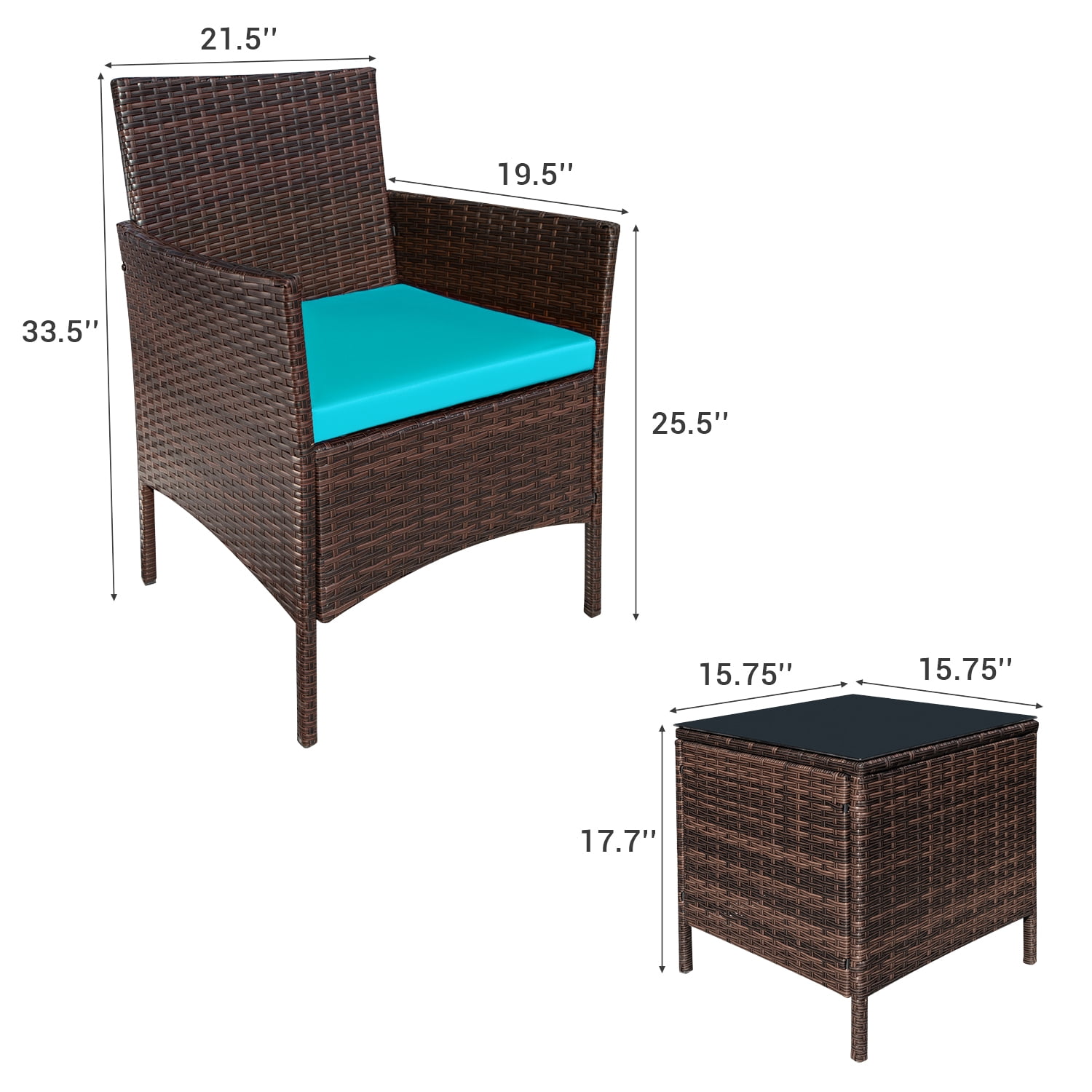 Homall 3 Pieces Patio Furniture Set Outdoor PE Rattan Wicker Patio Conversation Set Bistro Set with Tempered Glass and Cushioned Chairs, Brown/Blue