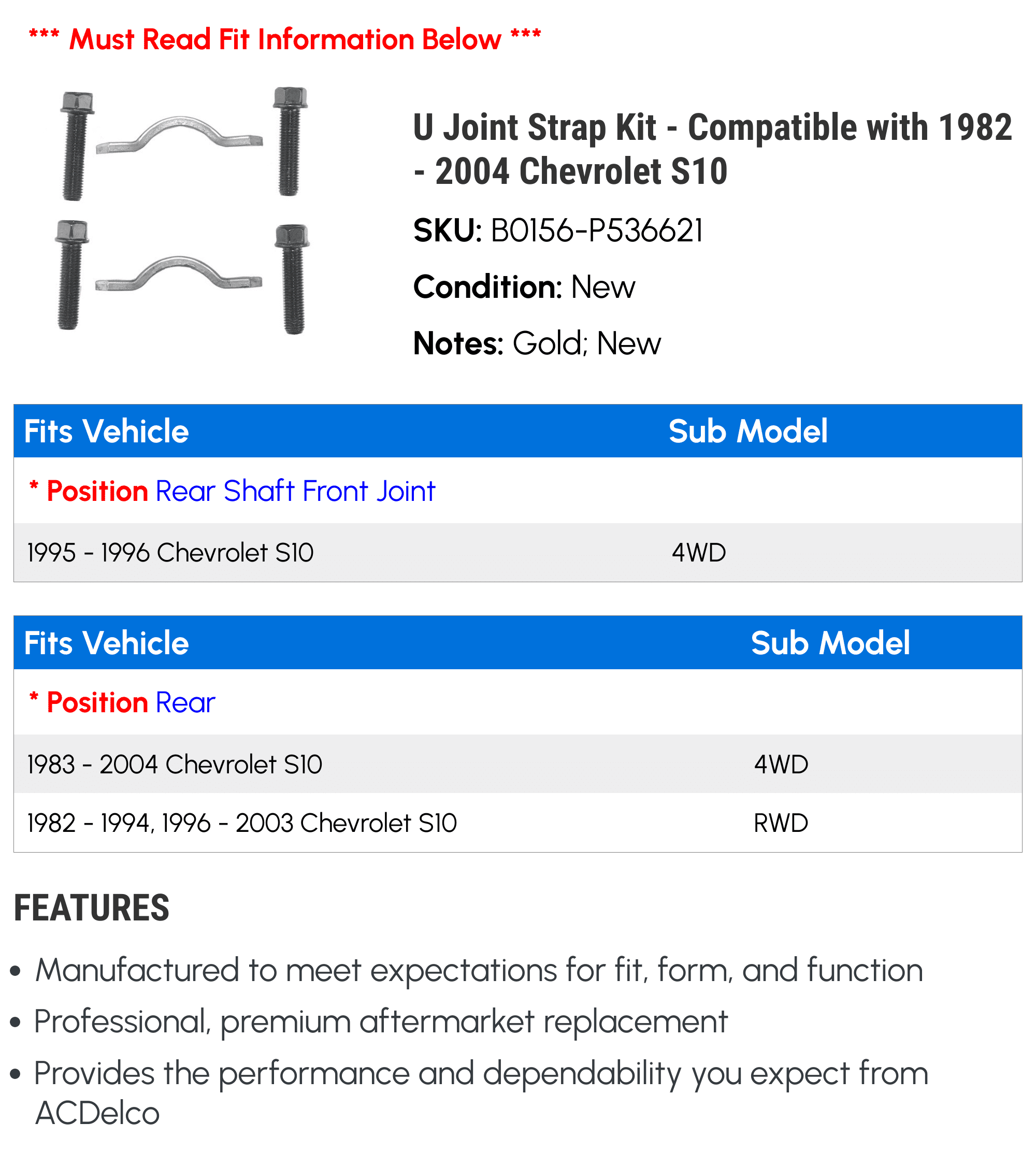 U Joint Strap Kit - Compatible with 1982 - 2004 Chevrolet S10 - AC Delco