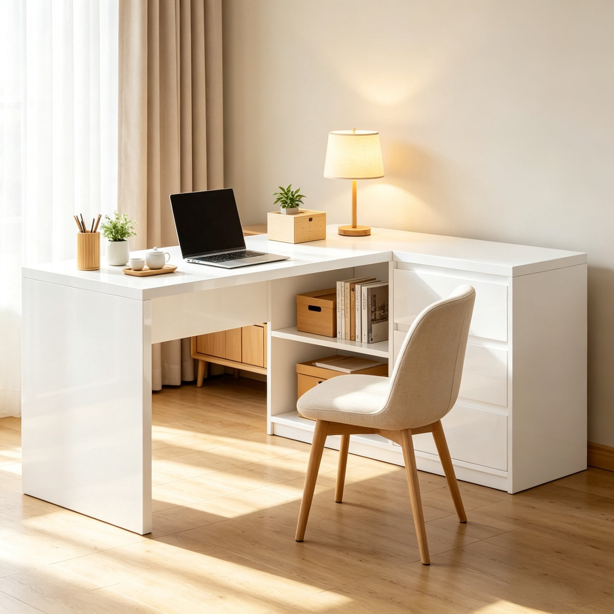 55" L-Shaped Computer Desk with LED Lights, 3 Drawers, White