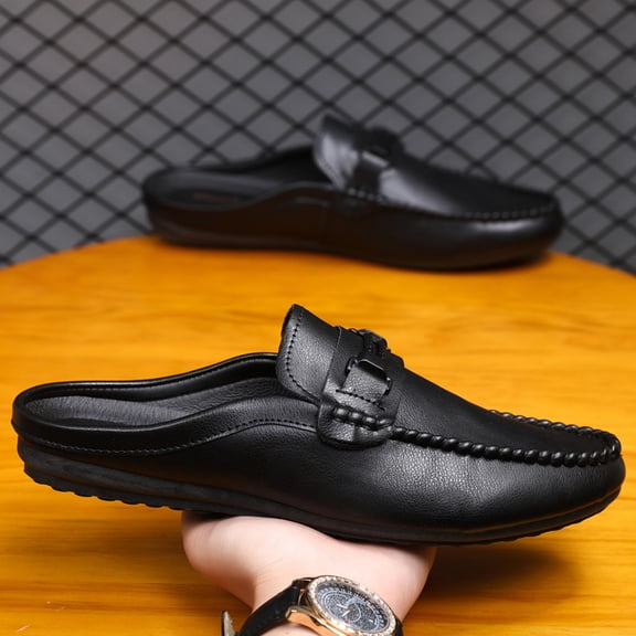 Men's Black Smooth Leather Backless Mule Loafers, Metal Buckle Slip On Flat Driving Slides