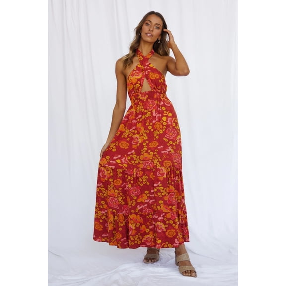 New Spring/Summer Women's Sexy Strappy Halter Neck Slit Floral Print Vacation Dress