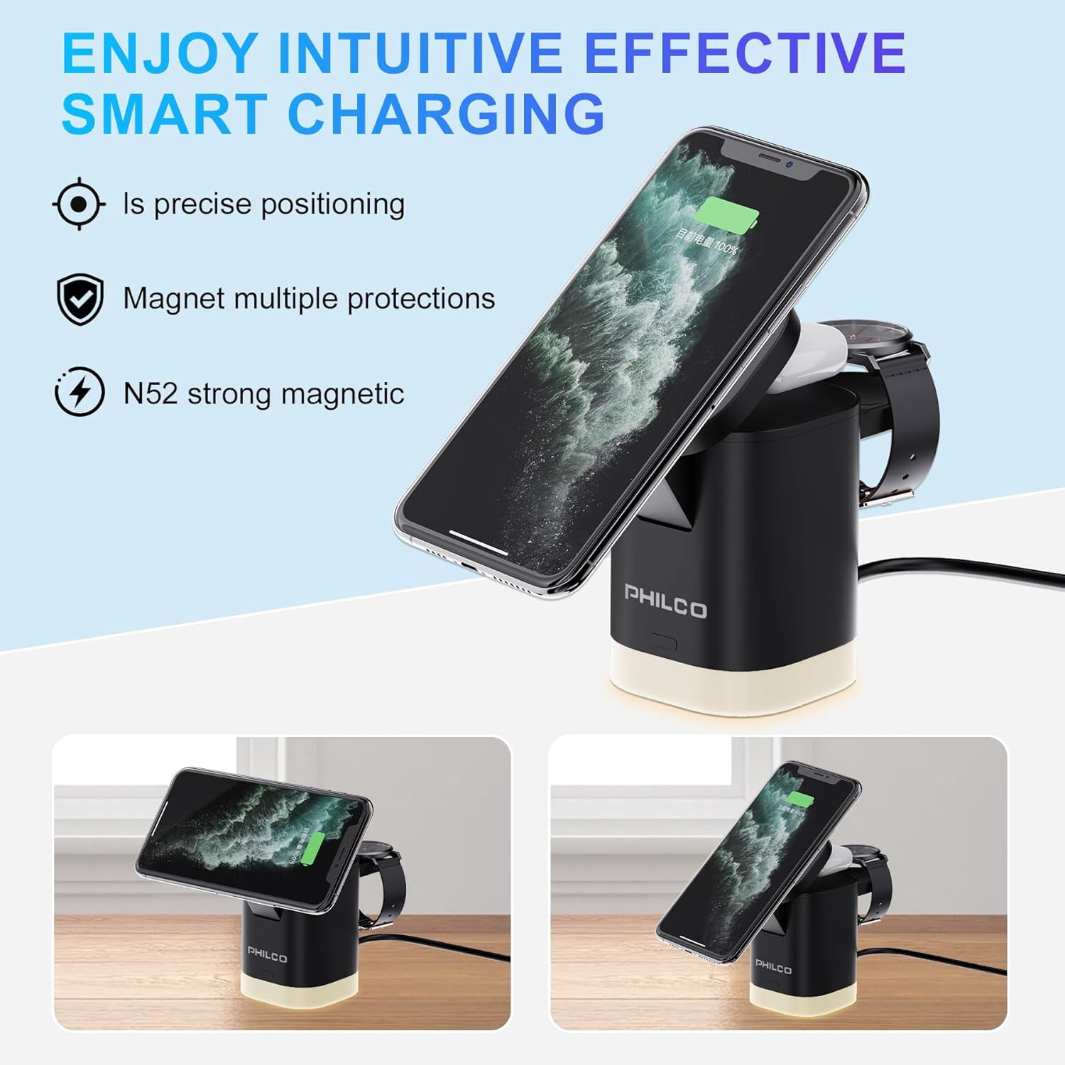 3-in-1 Magnetic Wireless Phone Charger, 15W Mag-Safe Charging Station for Apple Products iPhone 11/12/13/14/15/16, AirPods & Apple Watch with LED Lighting, Fast & Efficient for Home, Office & Travel