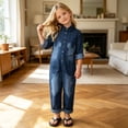 thumbnail image 2 of Tfken Girls Denim Jumpsuit Long Sleeve Fall Comfy Casual Bodysuit Button Daily Wear Soft Kids Classic Clothes Size 4-5 Years Blue, 2 of 6