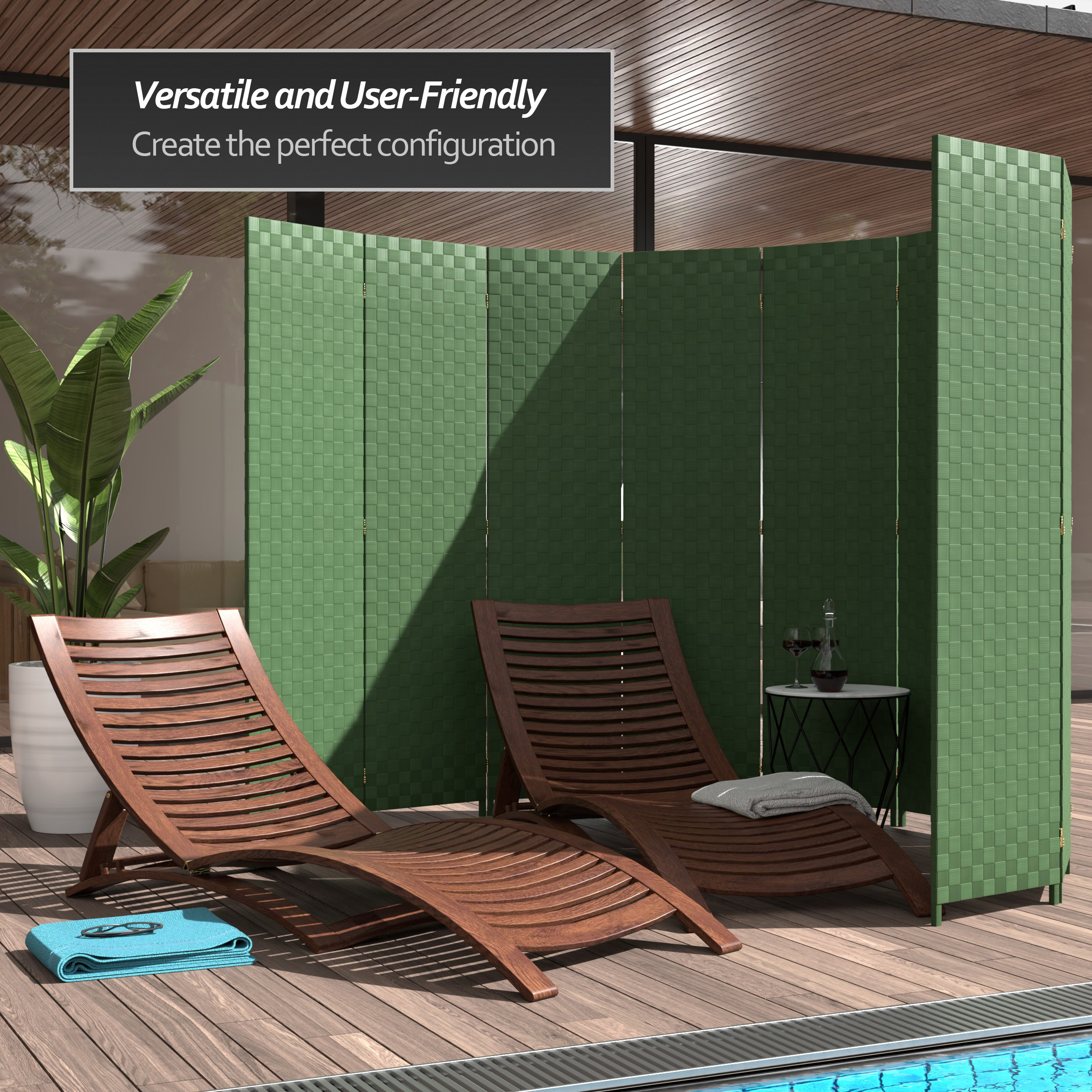 Red Lantern 6 ft. Tall Woven Fiber Outdoor All Weather Room Divider - 4 Panel - Green
